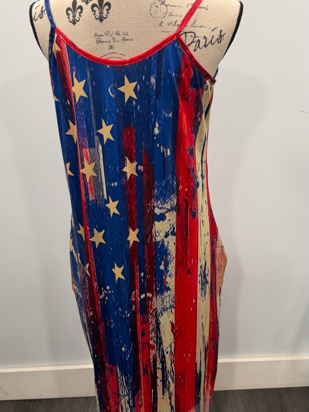 Source Unknown Patriotic Flag-Print Maxi Dress in Blue, Red, Cream